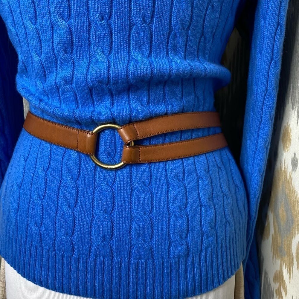 Ralph Lauren Blue Cashmere Mitered Cable Knit V-Neck Long Sleeve Sweater - Picture 4 of 16